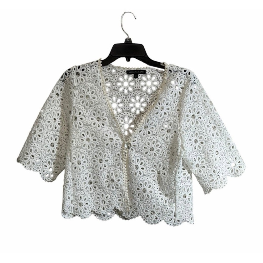 Chris McLaughlin Med White Crochet Floral Cardigan Shrug Cover up Crop Open